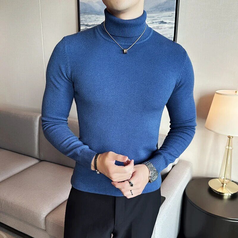 Sweater Pullover pria, 10 warna Turtleneck bagian bawah hangat pria musim gugur/musim dingin Solid Slim Fit bisnis kasual kualitas tinggi Sweater rajut