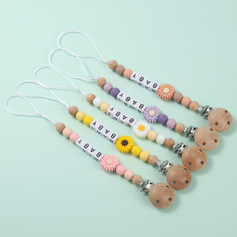 Nome personalizzato crisantemo ciondolo in Silicone clip per ciuccio catene porta capezzolo fittizio neonato catena giocattoli per la dentizione regalo da masticare