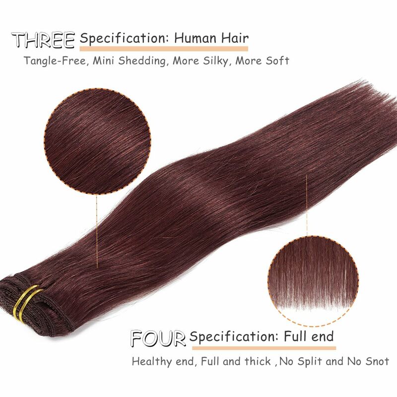 Extensions de Cheveux Humains 100% Naturels Remy Lisses à réinitialisation, Double Trame Sans Couture, Vin Rouge, Document 99J #