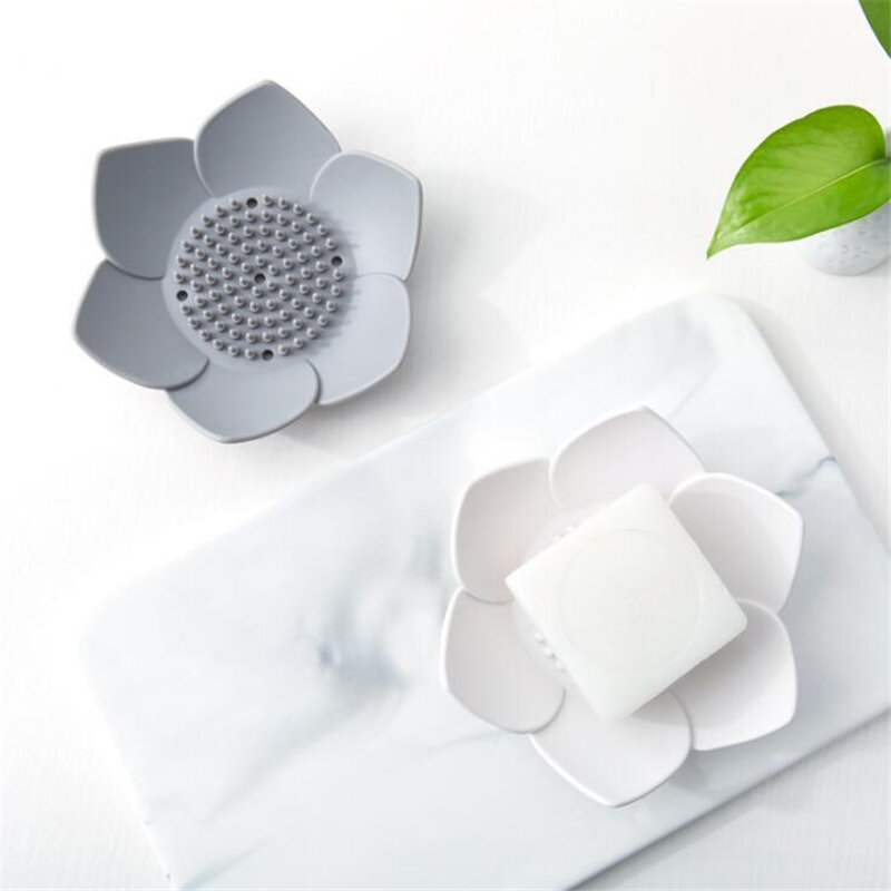 Flower Soap Dish Gray Anti-Slip Porous Design Silicone Bathroom Soap Dish Portable Soap Drain Tray