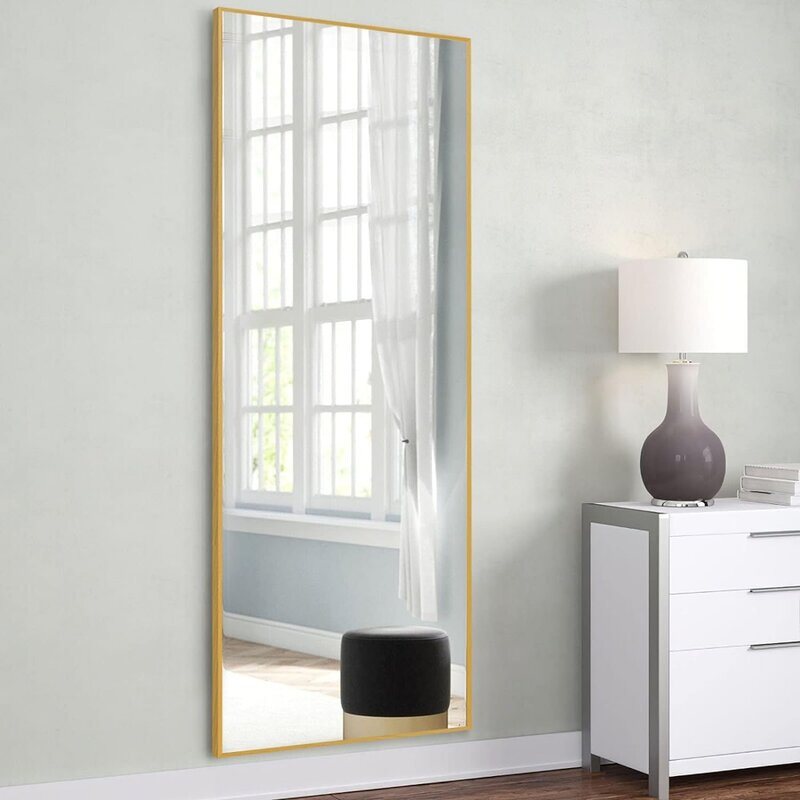 Espejo de cuerpo completo con marco de aleación de aluminio, espejo de suelo con soporte, puede ser independiente, montado en la pared o contra la pared