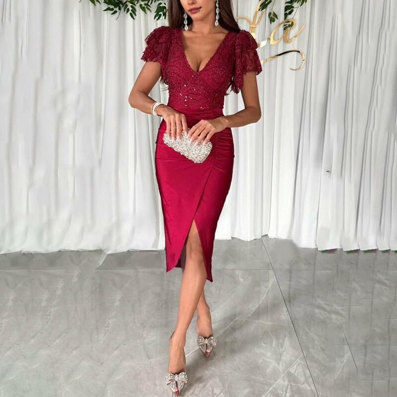 Slim Fit Summer Dress Elegant Lace Sheath Dress with Deep V Neck Ruffle Sleeves Split Hem for Prom Parties Dating V-neck Dress