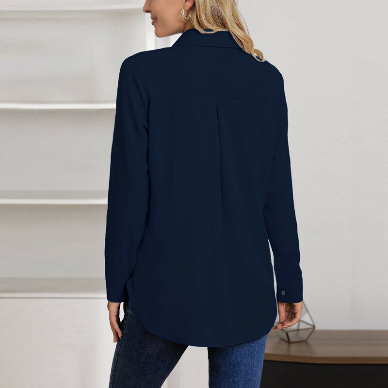 Camisa informal con botones para mujer, Blusa de manga larga con cuello en V, Color puro, para trabajo de oficina, a la moda, con bolsillo