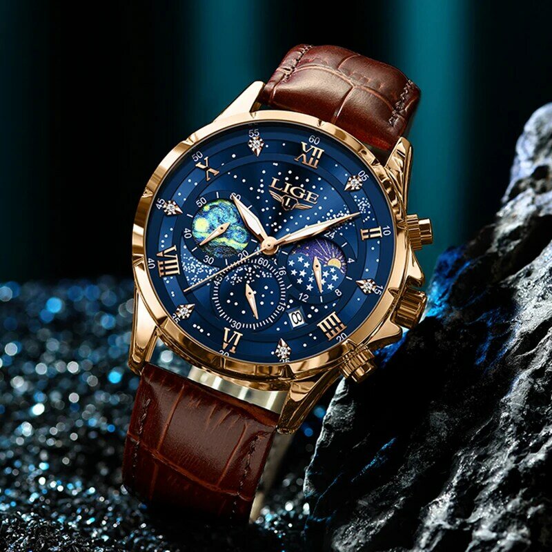 Nowe zegarki LIGE męskie najlepsze marki luksusowe skórzane zegarki kwarcowe męskie biznesowe zegarki sportowe wodoodporne chronograf z datownikiem