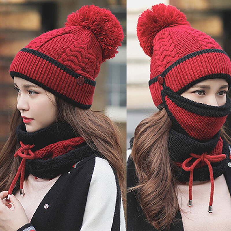 Topi rajut hangat wanita, setelan aksesori pakaian topi syal Multi fungsi tahan angin musim gugur musim dingin