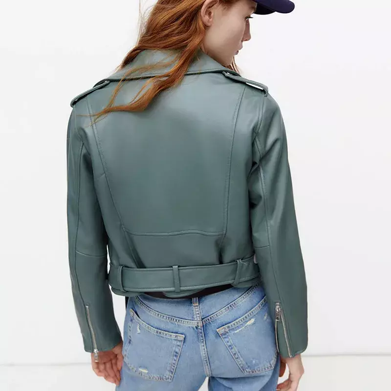 Jaket kulit imitasi pendek Slim-fit klasik sederhana untuk wanita jaket sepeda motor kasual Solid baru 2024 dengan sabuk Veste Femme