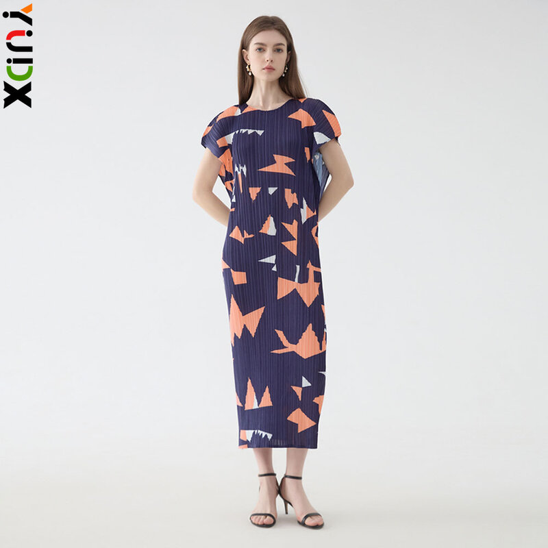 YUDX Miyake-Vestido largo plisado para mujer, traje holgado con estampado de cuadros cuadrados, diseño de talla grande, cintura ajustada, novedad de verano 2024