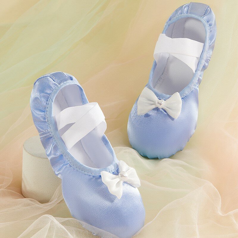 Sapatos de balé bowknot pérola para meninas, sapatos de dança com solas macias infantis, dança balé, sapatos de treinamento