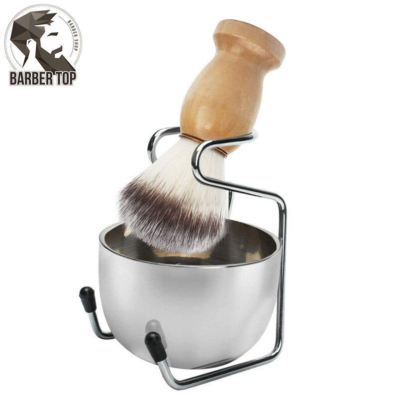 Mens Shaving Brush and Bowl Set, 3-in-1 Shaving Brush Kit Wood Handle with Stainless Steel Shaving Bowl & Brush Standas