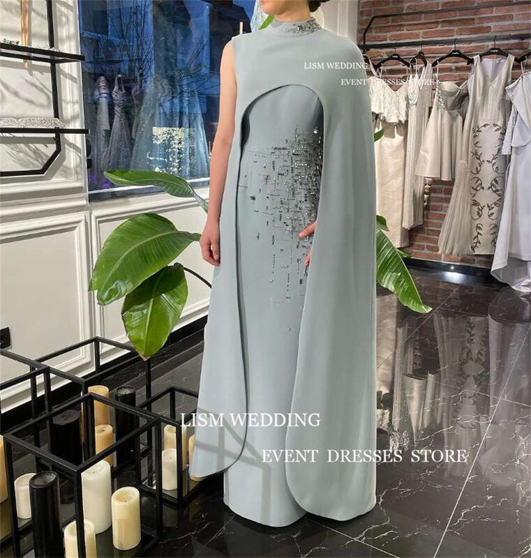 Lism elegante glitzer hellblaue abendparty kleider eine schulter lange meerjungfrau ballkleider mit umhang ärmel für saudi arabisch 2024