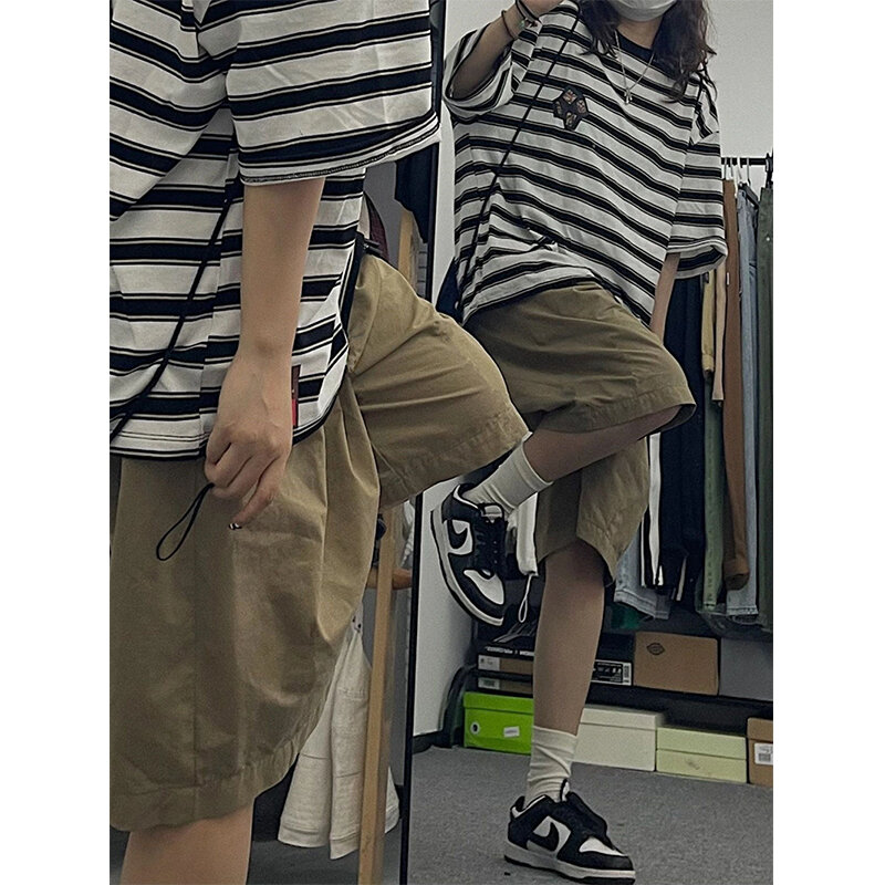 MEXZT-pantalones cortos de algodón puro para mujer, Shorts Cargo de gran tamaño Harajuku, ropa de calle Coreana de verano, pantalones cortos deportivos de pierna ancha en blanco y negro