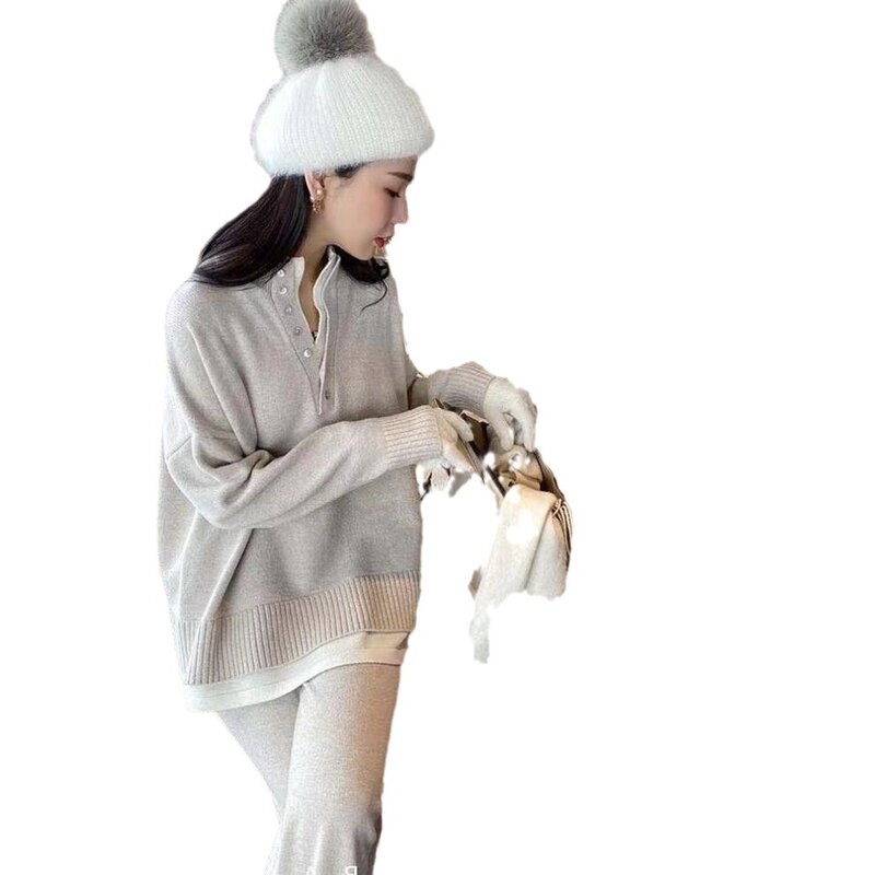 Setelan Sweater lengan panjang wanita, setelan Sweater atasan pullover celana kaki lebar dua potong untuk wanita gaya Korea kasual