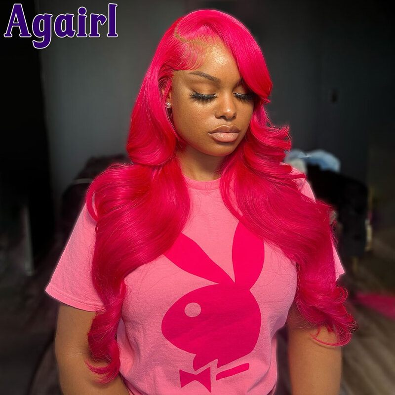 Wig Rose Pink 13X4 tanpa lem renda Frontal Body Wave Wig transparan 13x6 Wig rambut manusia bergelombang 99J merah Highlights 6X4 Wig penutupan renda