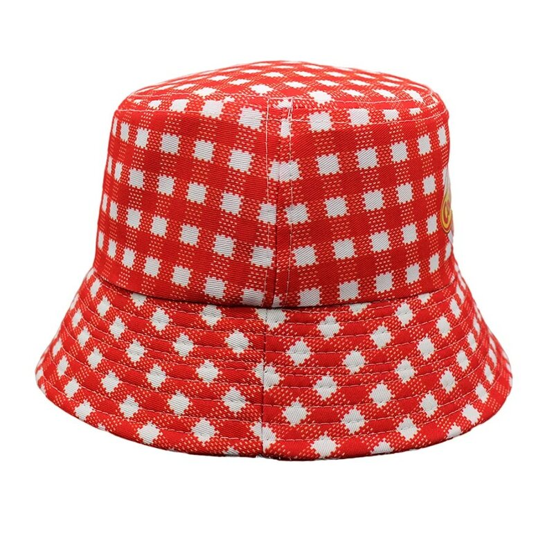 Cochonou BOB หมวกทรงถังสีแดงลายสก๊อตสำหรับผู้ชายผู้หญิงระบายอากาศได้ทั้งชายและหญิงหมวกปานามาหมวกตกปลา