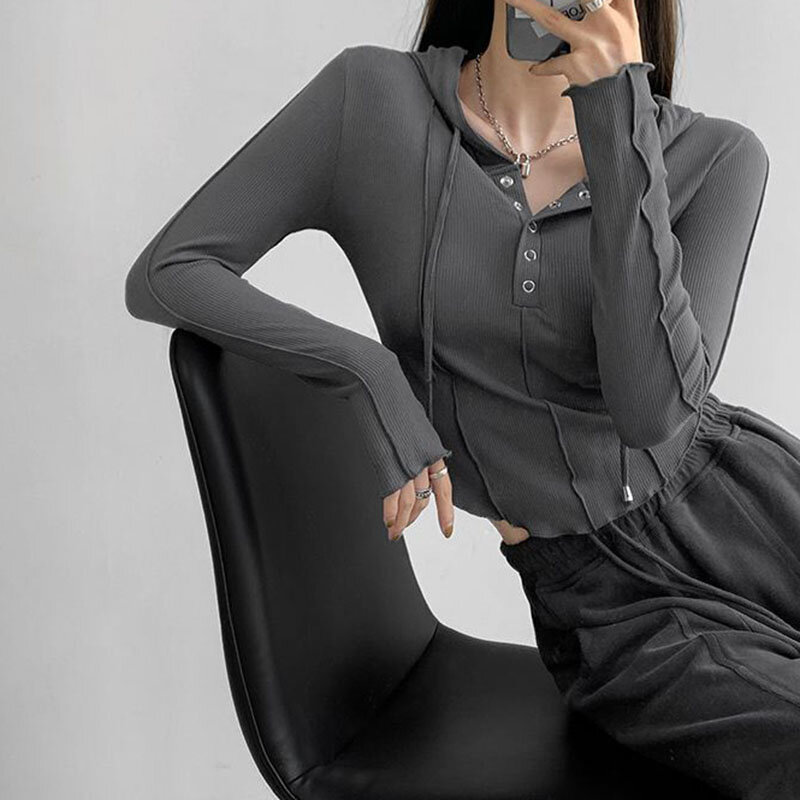 Rimocy-top curto com capuz com botão para mulheres, slim fit, manga comprida, y2k, streetwear, elástico, selvagem, para outono e inverno