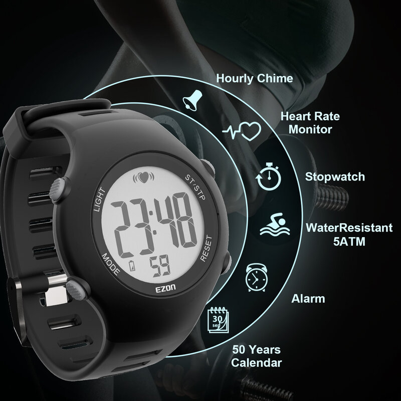 Часы-пульсометр мужские, спортивные, водонепроницаемые, цифровые, беспроводные, для бега, велоспорта, нагрудный ремешок