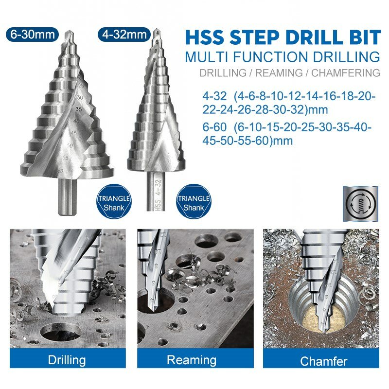 XLilStep-Foret à rainure en spirale HSS, coupe-trou en acier pour bois et métal, outils de propositions, perceuse conique étagée, 6-60mm, 1PC