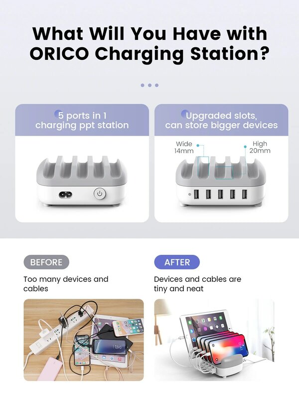 ORICO-estación de carga USB para iPhone, PC y tableta, 5 puertos, con soporte, 40W, 5v, 2.4a, Cable USB gratis
