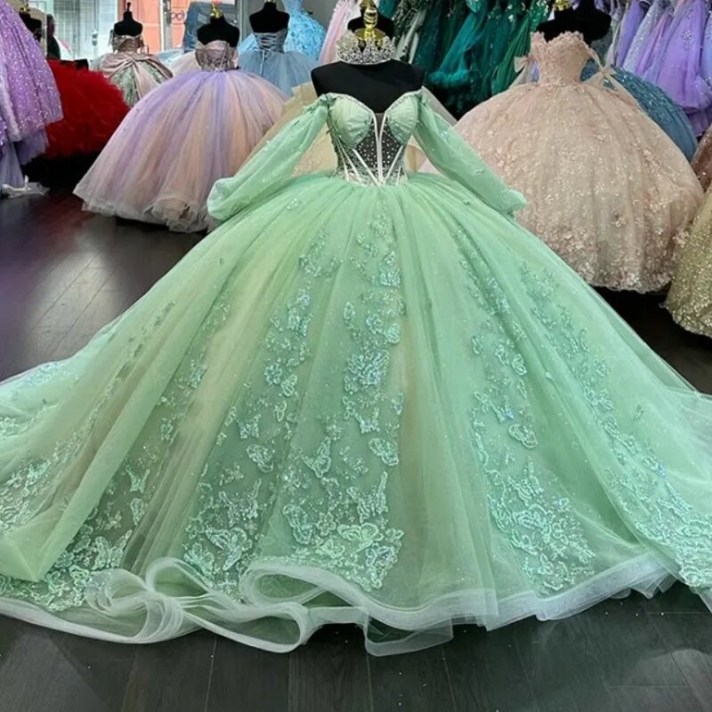 Saudi-Arabisch Luxus Minze grün Illusion Quince anera Kleider Langarm süß 15 16 Ballkleid Festzug tragen Vestidos de XV Años