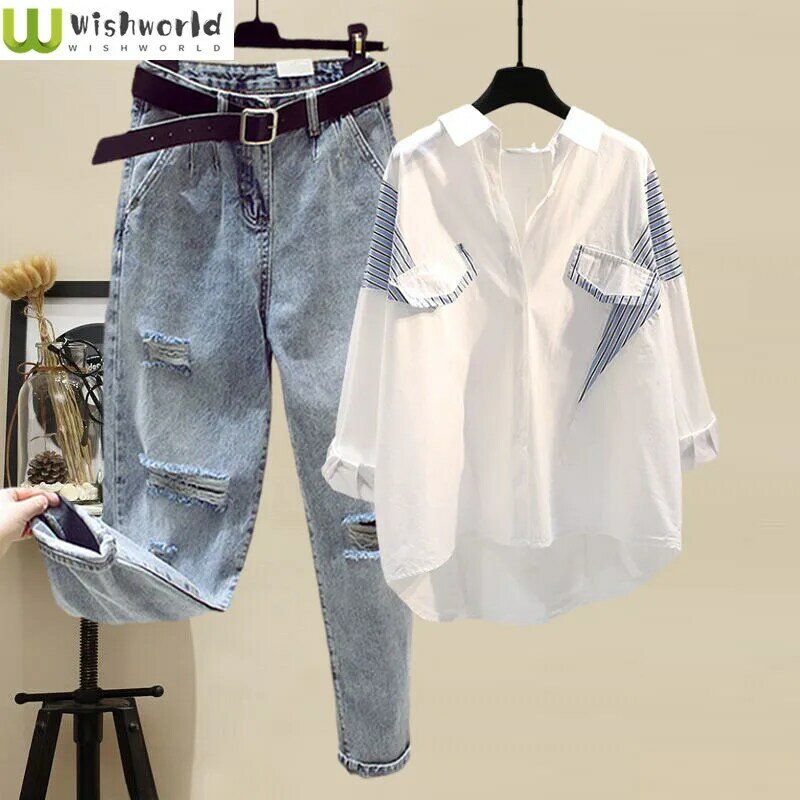 Spring and Autumn Season Set Women's 2024 New Western Style Shirt Women's Slim and Versatile Jeans Two Piece Set