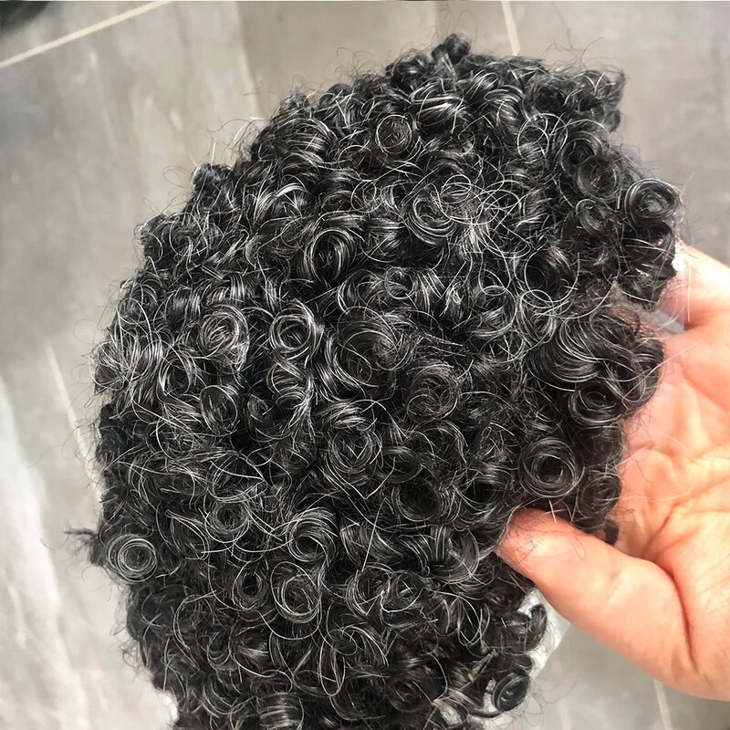 Jet Black 100% rambut manusia 15mm wig PU rambut palsu dasar kulit keriting Afro 1B10 rambut abu-abu untuk sistem rambut prostesis kapiler pria