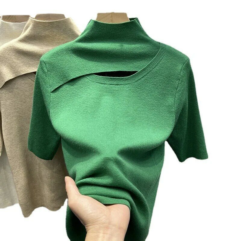女性用半袖ニットセーター,ハーフハイカラー,透かし彫りパッチワーク,シックなトップス,無地のアンダーシャツ,新しい夏、2023