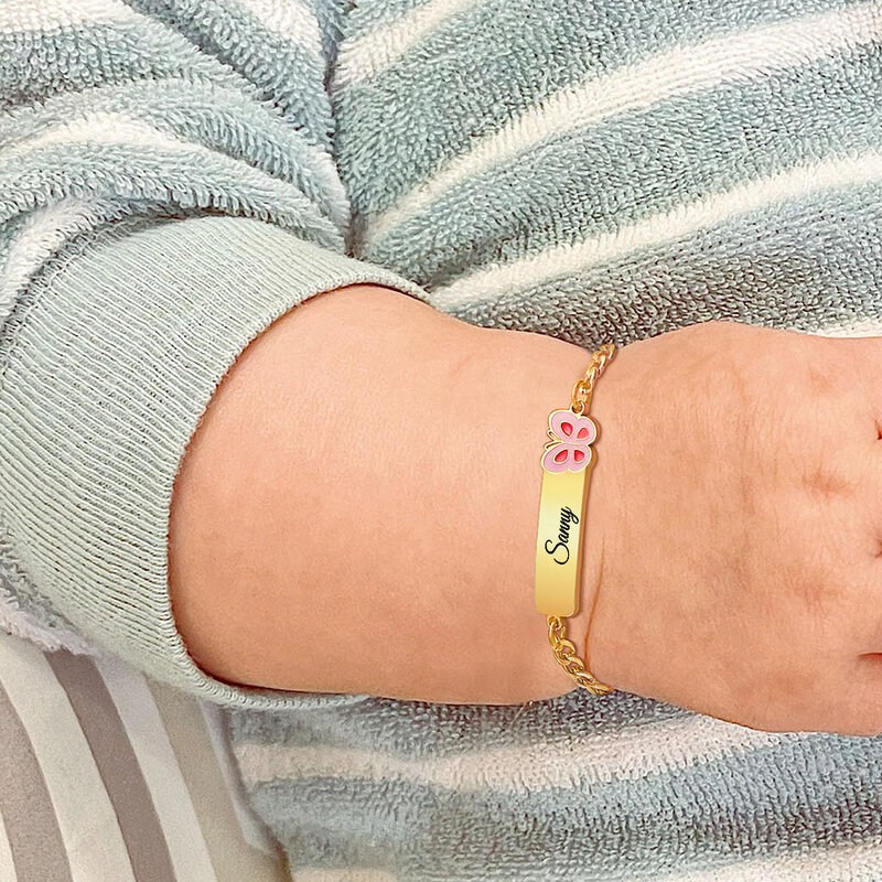 Personalized Name ID Bracelet for Kids Baby, Cute Flower with Adjustable ChainGril Chilren Birthday Gift Stainless Steel Jewelry