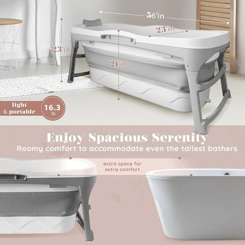 Bañera portátil para adultos, bañera plegable grande de 56 pulgadas, diseñada ergonómicamente para el baño de remojo relajante definitivo
