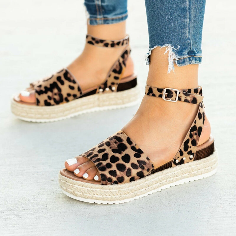 Buty damskie 2024 New Fashion Plus Size Hemp Rope Wedge Heel Platform Open Toe Sandały damskie Leopard Print Casual