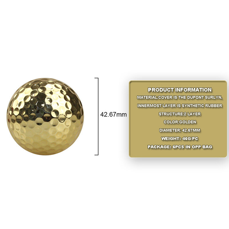 CRESTGOLF 6 Pcs Two Layer Golden Golf Balls Golf Practice Balls Training Two Pieces Balls As Gift