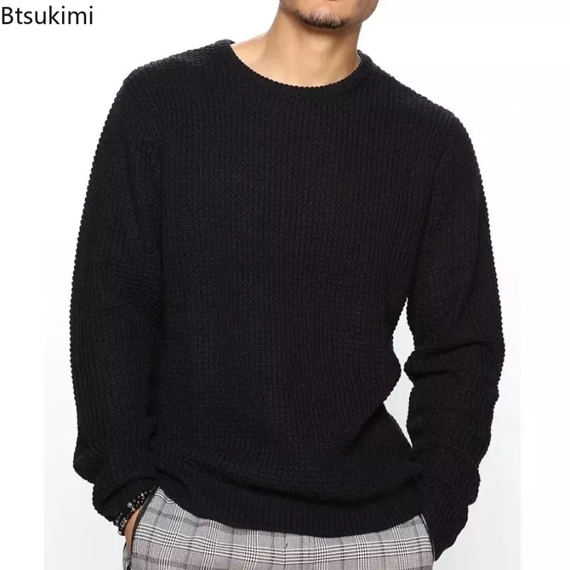 Sweater rajut pria, atasan Sweater rajutan warna polos longgar Pullover lengan panjang leher bulat baru 2024