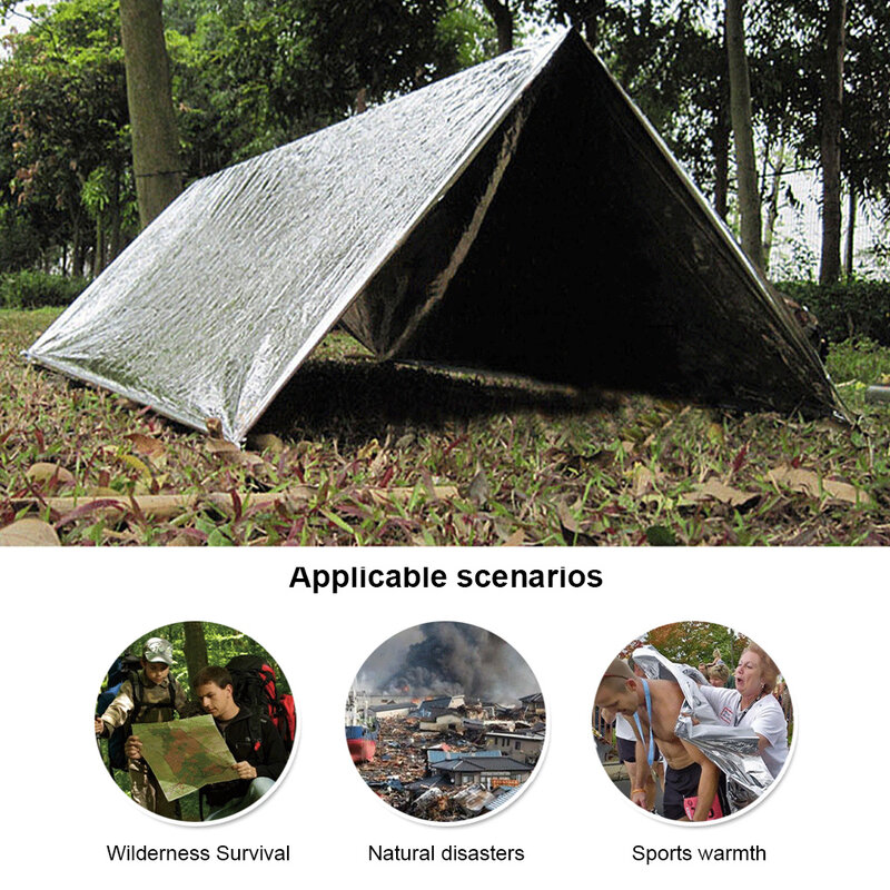 Manta de emergencia para acampar al aire libre, cubierta térmica, mochilero, portátil, reflectante, un solo uso, sueño, plata, 140x210cm