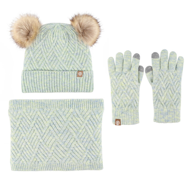 Kid's Hat children's Winter Warm Windproof Padded Knit Hats Scarf Gloves three-piece Set Padded Wool Ball Hat three-piece Set