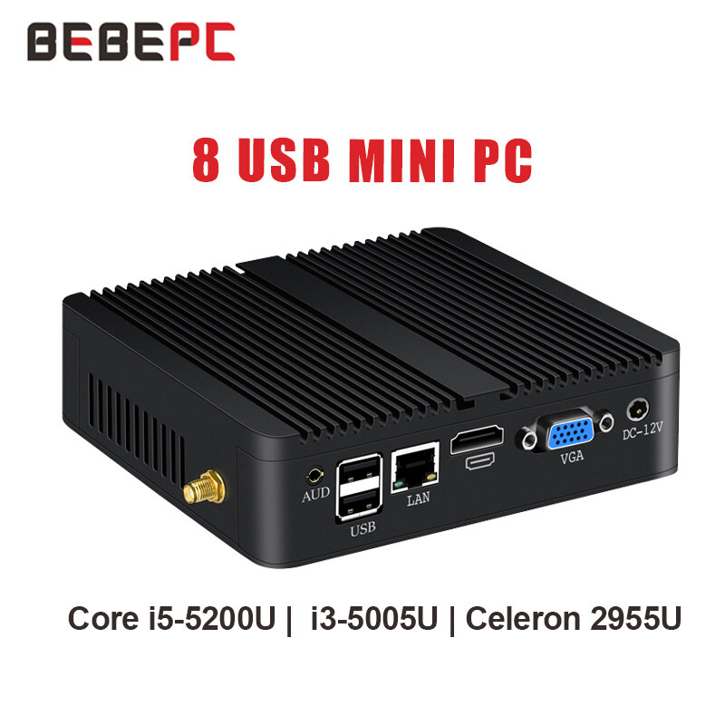 BEBEPC 팬리스 미니 인텔 i7 4500U i5 4200U 8USB 기가비트 이더넷 HDMI VGA 디스플레이, Win10/11 리눅스 우분투 셋톱 박스 컴퓨터
