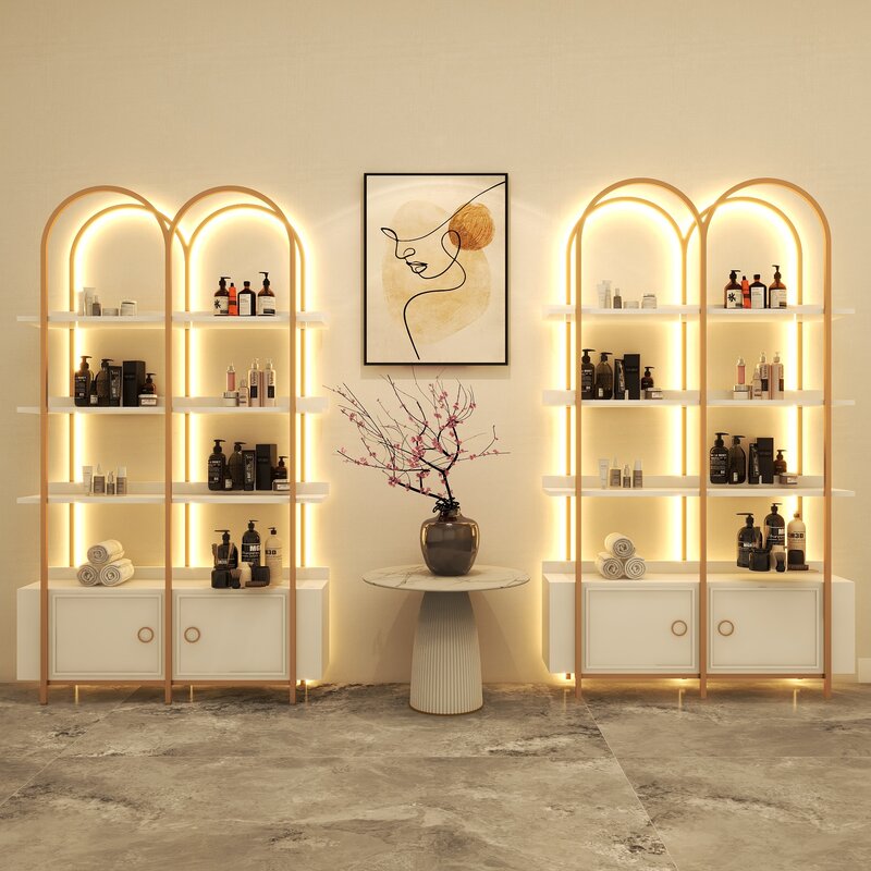 Luxury Beauty Salon Display Cabinet com Luz Prateleira de cosméticos Nail Shop Product Shelf Cuidados com a pele Maquiagem Floor