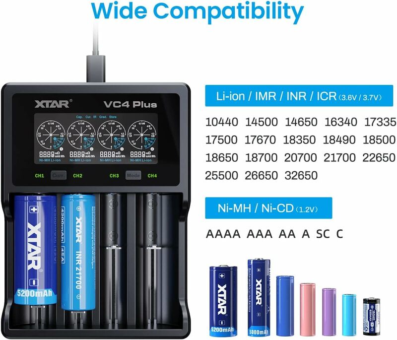 XTAR VC8 Plus pengisi daya baterai 18650, pengisi daya cerdas pengisian cepat Input 3A 12V DC 21700 tampilan LCD tipe-c