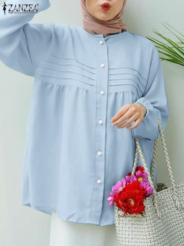 Женская Осенняя рубашка ZANZEA с круглым вырезом и длинным рукавом, Повседневная Блузка на пуговицах, модная женская декорированная яркая блузка