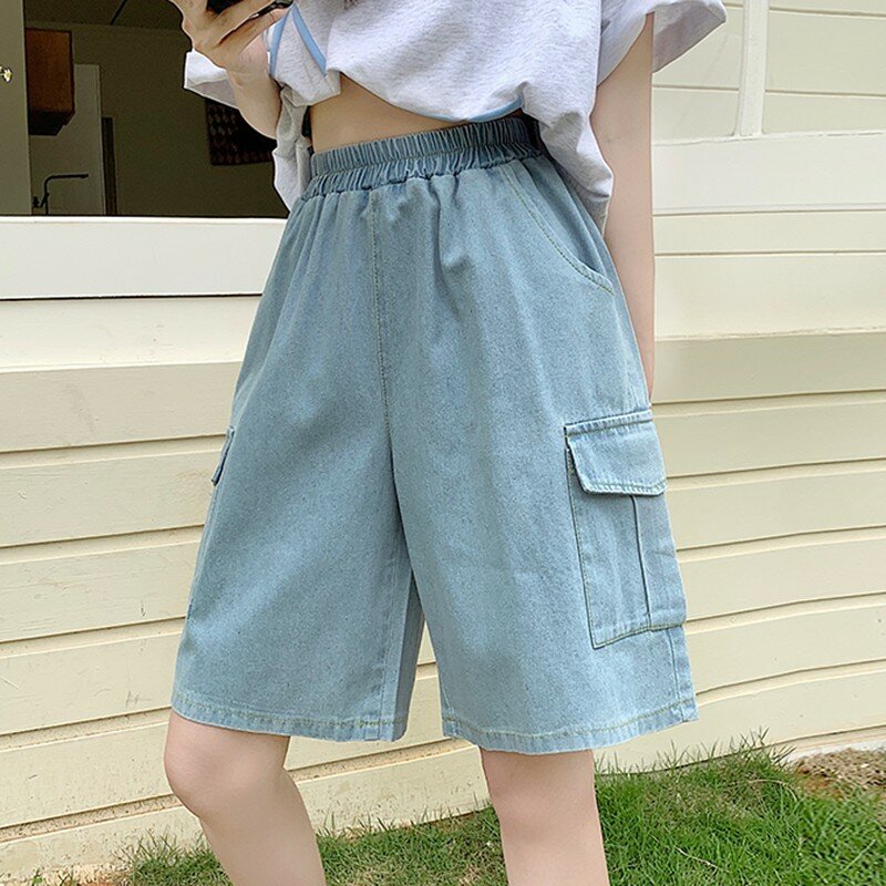Celana Jeans kasual panjang selutut, celana pendek Denim wanita musim panas gaya Korea kantong ganda W1714 2024