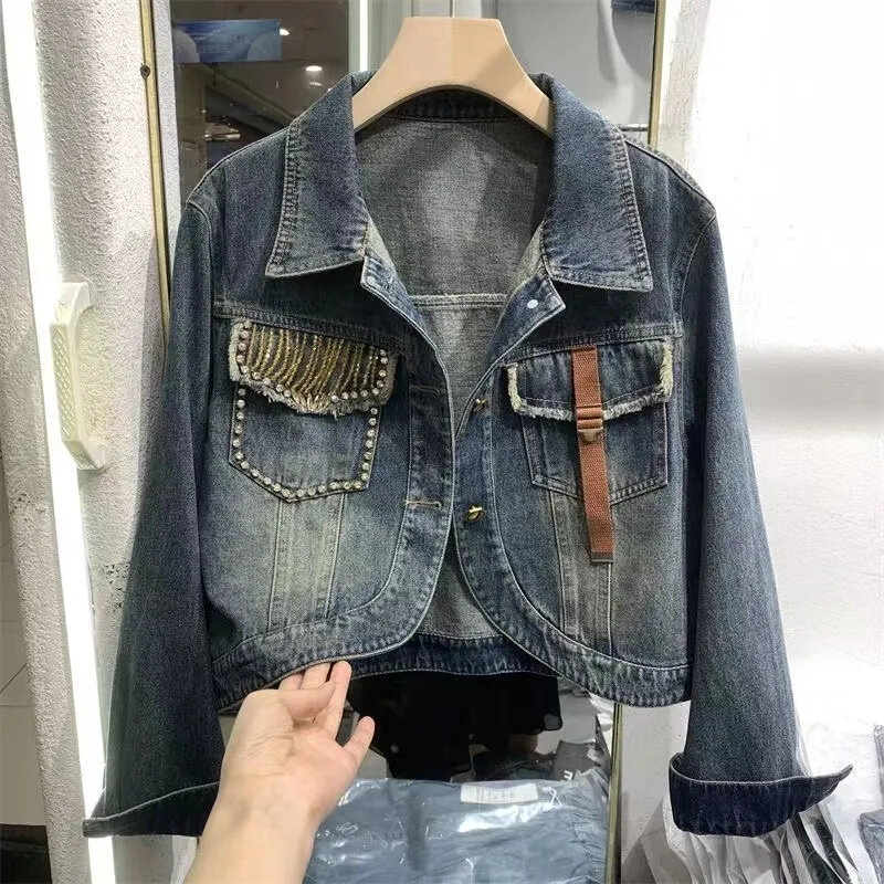 Xiaoxiangfeng-casaco jeans curto com miçangas para mulheres, jaqueta viajante, outwear para ventilador, nova versão coreana, apto para o outono, 2023