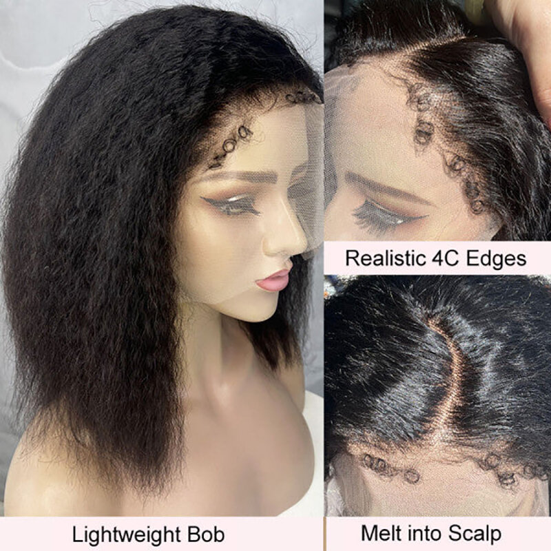 Kinky edge Wig Short Bob 13x4 Lace Front Wig Yaki straight Frontal Human Hair Wig PrePlucked Baby Hair band Lace Closure Wig
