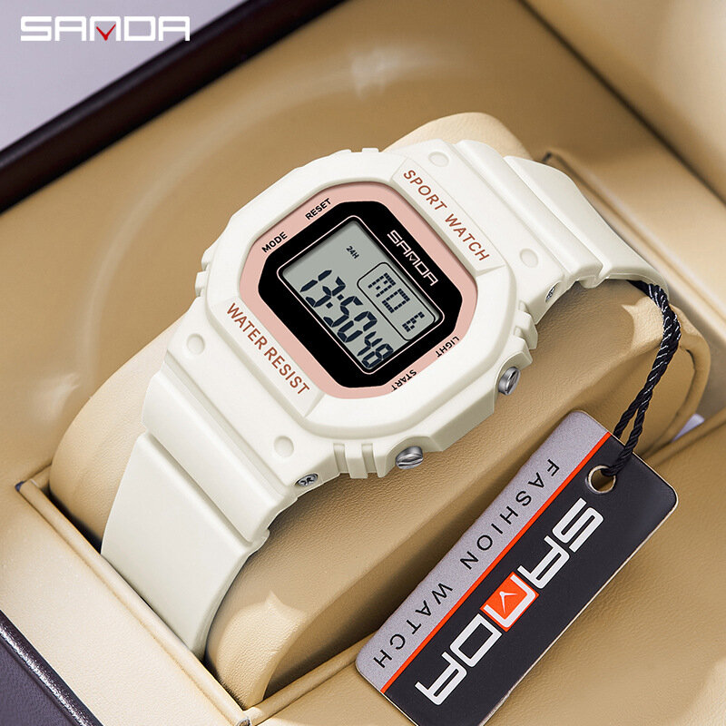 SANDA 393 Student Square Electronic Watch Leisure Sports Waterproof Night Light Silicone Strap Wrist Watches for Boy Girl Clock