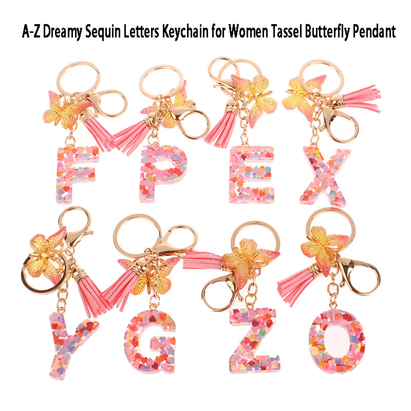 A-Z verträumte Pailletten Buchstaben Schlüssel bund Schmetterling Anhänger anfängliche Schlüssel ring Quaste für Frauen Geldbörse Aufhängung Taschen Charms Auto Schlüssel anhänger