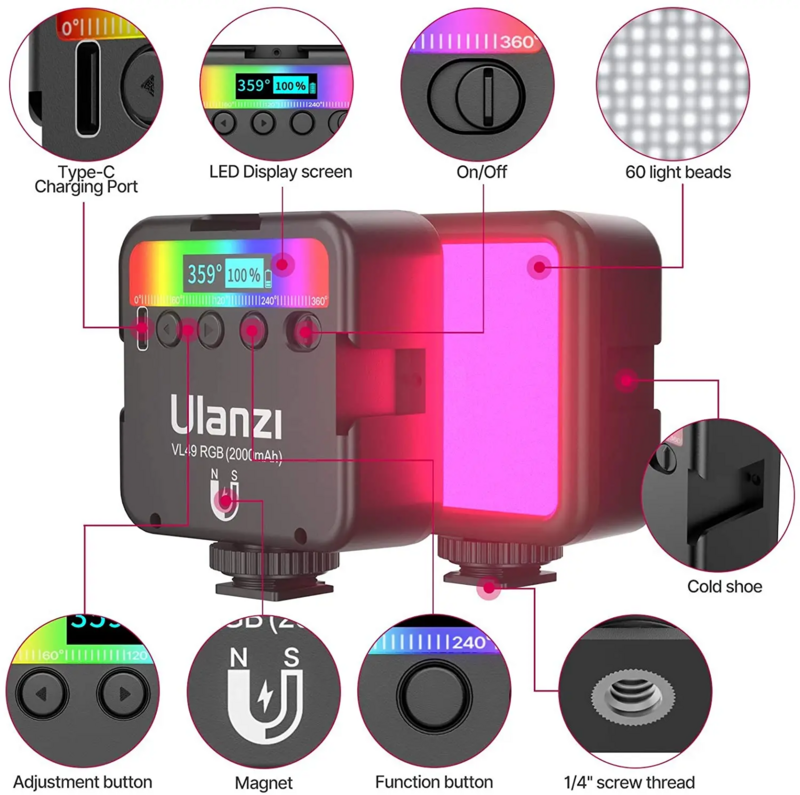 Ulanzi-VL49 Luz de Vídeo LED RGB Full Color, 2500K-9000K, 800LUX, Estender Mini Luz de Preenchimento Magnética, 3 Sapato Cold, 2000mAh, Porta Tipo-C