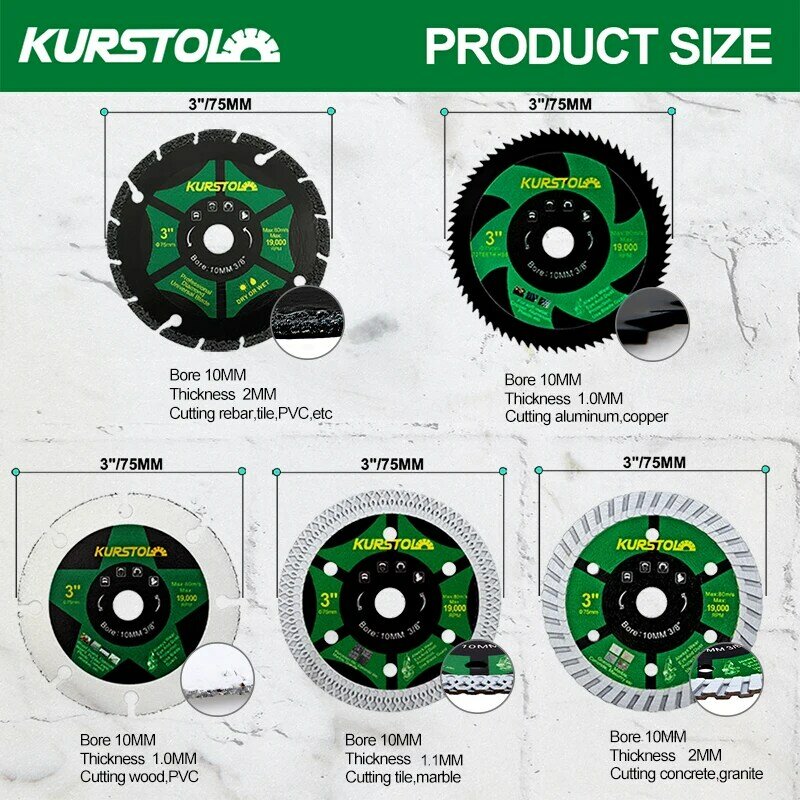 Режущий диск KURSTOL 50/75 мм, керамический мини-шлифовальный диск для резки арматуры, дерева, металла, бетона, пластика, резины, алюминия
