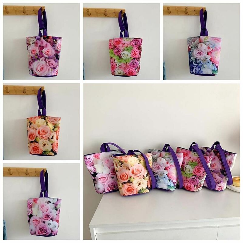 Rose Flower Flower Bucket Bag Fashion Print Handbag Portable Mommy Bag Large Capacity Shopping Bag Canvas Tote Bag Female/Girls