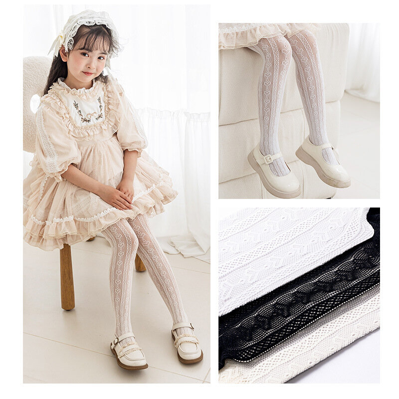 Summer Solid Color Kids Hosiery Heart Lolita Fishnets Children Girls Pantyhose Princess Lace Stockings Kids Tights