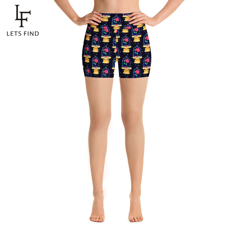 LETSFIND-pantalones cortos de alta calidad para mujer, Leggings elásticos con estampado de rosas hermosas, cintura alta, Sexy, Fitness, Verano