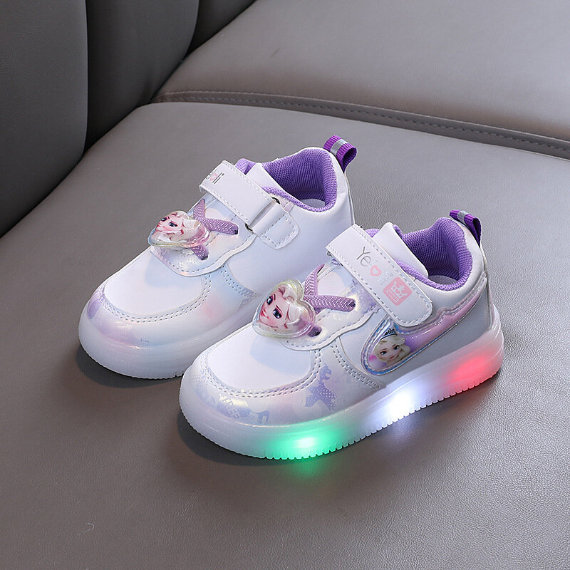 รองเท้าผ้าใบเด็ก Disney สำหรับเด็กผู้หญิง, รองเท้าลำลองกีฬาเจ้าหญิงเอลซ่ารองเท้ามีไฟ LED ขนาด21-30