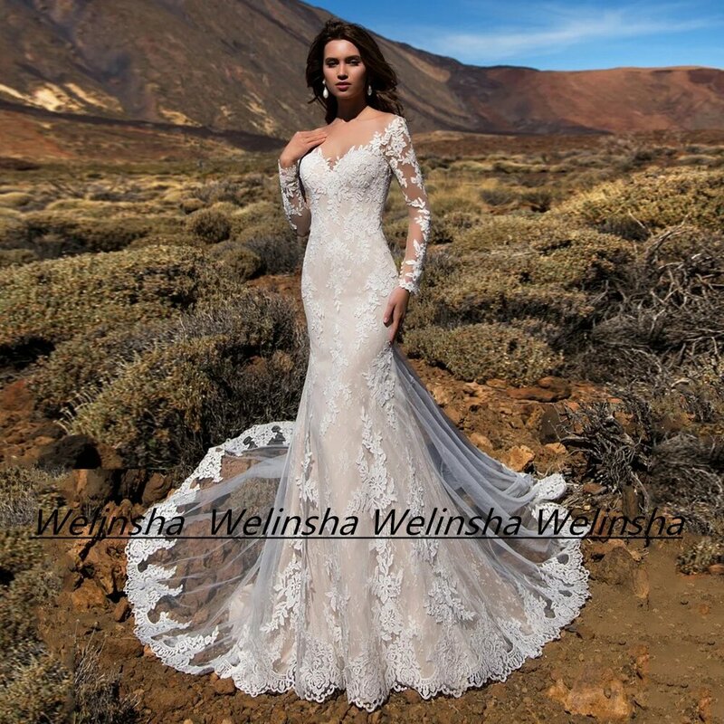 Exquisite Mermaid Wedding Dress for Women Bride Long Sleeves V Neck Applique Court Train Lace Vestidos De Novia Bridal Gown