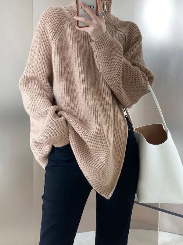 Swetry damskie z golfem styl Oversize swetry damskie 2024 jesienne luźny, gruby ciepłe na szyję jednolity pulower kobiet
